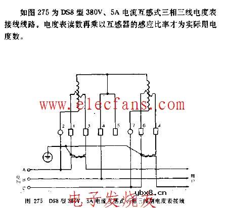 DS8型380V，5A电流互感式三相三线制电度表接线图