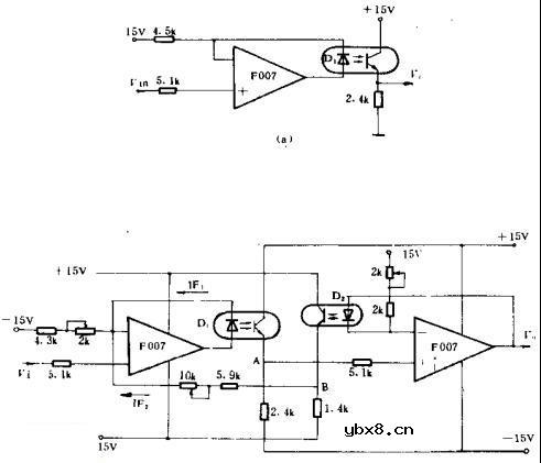 采用反馈提高光电耦合器件线性度的电路图 采用反馈提高光电耦合器件线性度的电路图