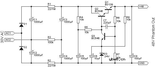 48v幻象电源电子滤波电路图