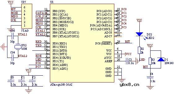 Mega168的复位电路及单线调试共用时的引脚处理 Mega168的复位电路及单线调试共用时的引脚处理