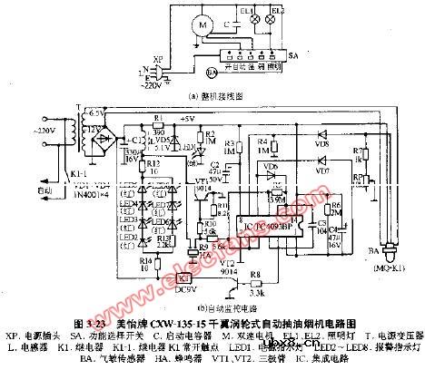 美怡牌CXW-135-15干翼涡轮式自动抽油烟机电路图 美怡牌CXW-135-15干翼涡轮式自动抽油烟机电路图