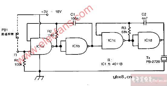 具有直接激励输出、高电瓶输入选通的脉冲音响报警器电路图