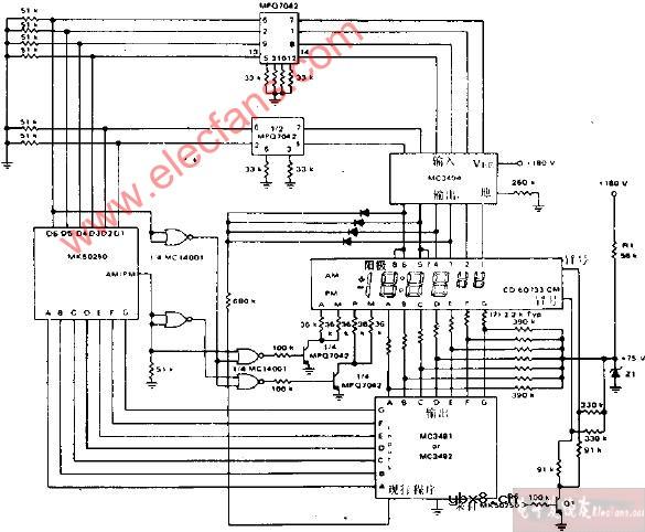 带有气体放电显示器的12小时时钟电路图