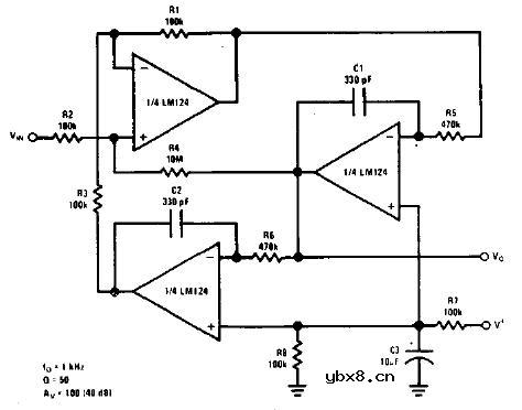 双二次型RC有源带通滤波器电路图