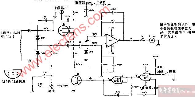 具有1kHz调幅、变容管调谐FET陷流测试振荡器电路图