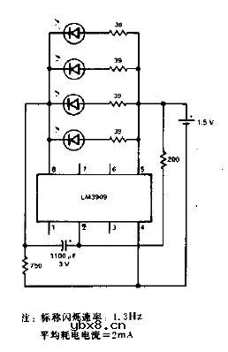 四个井联LED闪光器电路图