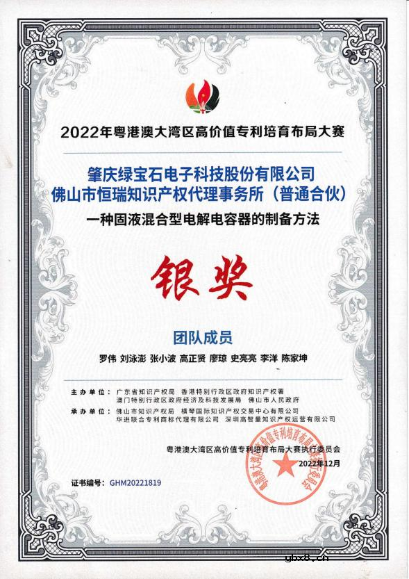 绿宝石荣获2022年粤港澳大湾区高价值专利培育布局大赛银奖