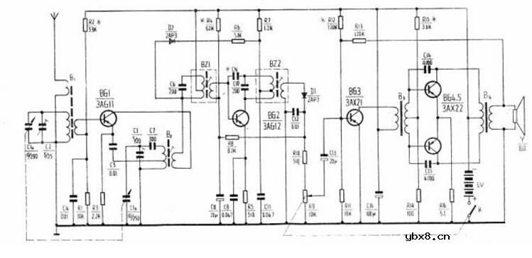 半导体收音机实物电路图大全（六款检波电路/六管收音机/调谐指示电路）