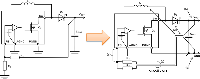 升压型DC/DC转换器PCB板布局中的反馈路径是如何布线的？