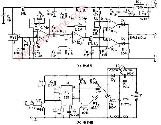 光控及红外传感式节电灯电路图