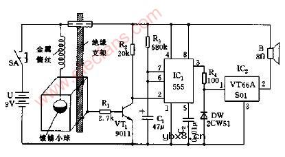 吊球传感声光报警电路图