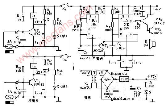 任意多路防盗报警器电路图