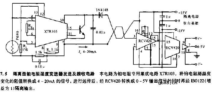 隔离型铂电阻温度变送器发送及接收电路