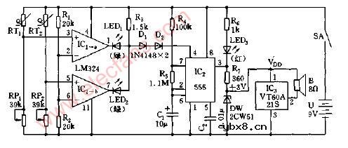 多点温度上限声光报警电路图