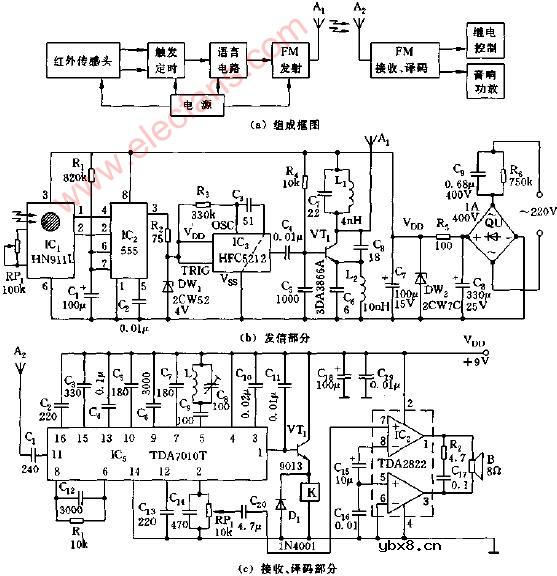热释电红外无线遥控语音报讯装置电路图