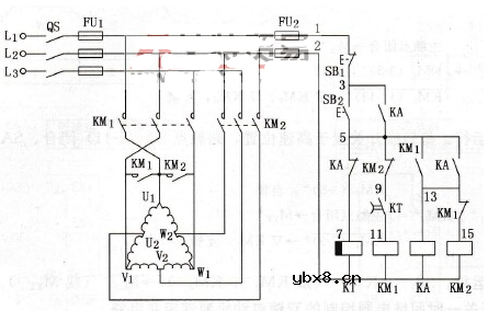 时间继电器控制双速电动机自动加速控制电路
