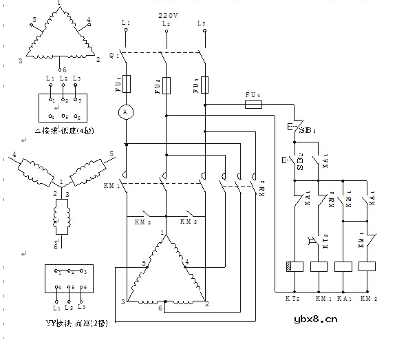 时间继电器控制双速电动机自动加速控制电路