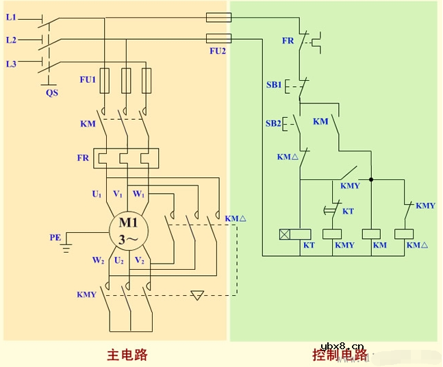 时间继电器自动控制星三角降压启动控制电路