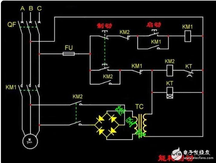时间继电器控制电动机能耗制动线路图