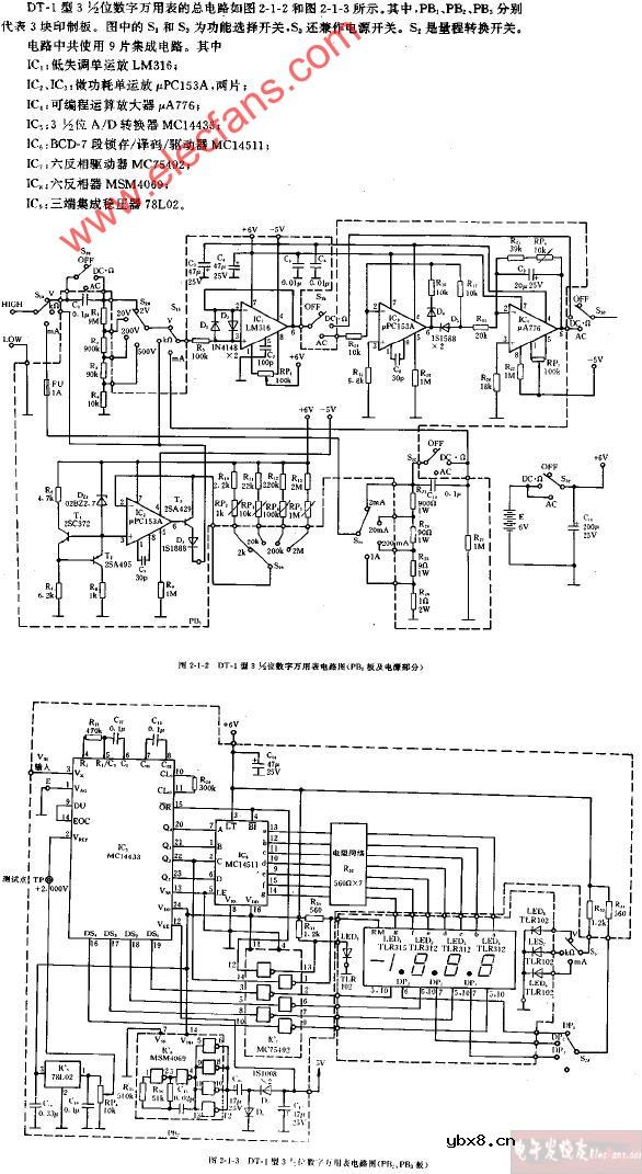 DT-1型3,1 2位数字万用表电路图(PB1板及电源部分)