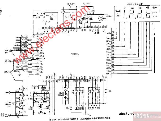 由NJU9027构成的3,1 2位自动测量数字万用表的总电路
