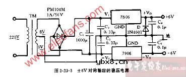 ±5V对称输出的稳压电路图