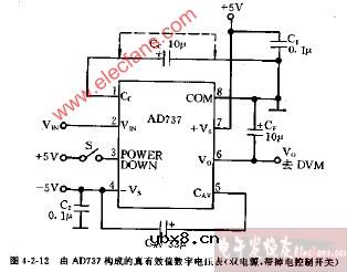 由AD737构成的真有效值数字电压表电路图(双电源、带掉电控