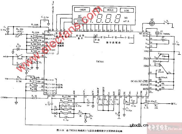 由TSC815构成的3,1 2位自动量程数字万用表的总电路图