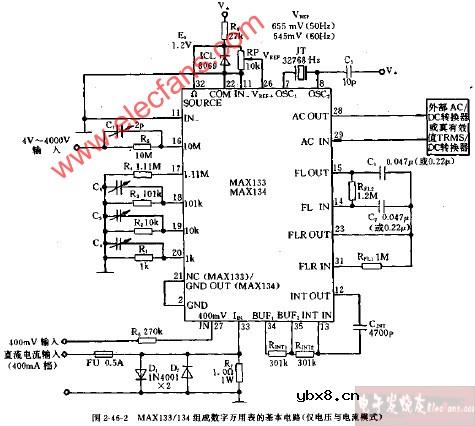 MAX133 MAX134组成数字万用表的基本电路图(仅电压