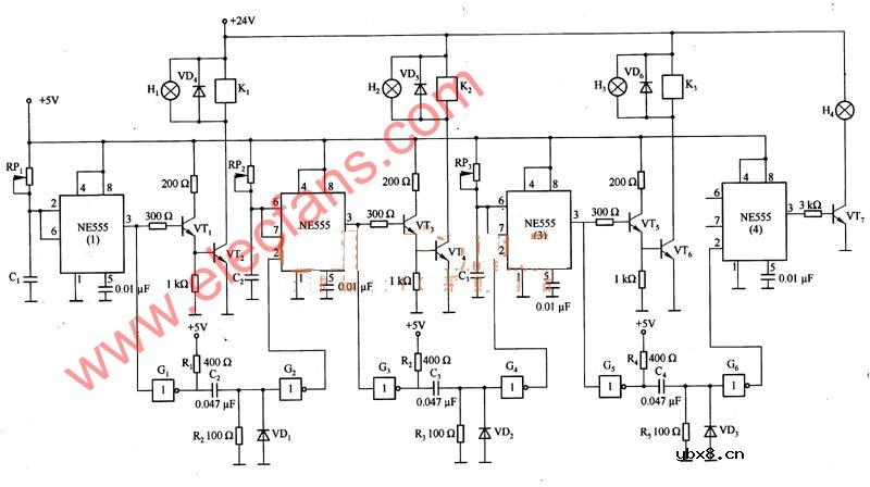 NE555等组成的顺序定时器电路图