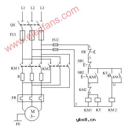 电动机定子串电阻降压起动控制电路原理图