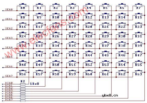 CH452组成64键的键盘扫描电路 (8X8键盘扫描电路)