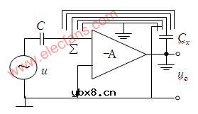 利用运算放大器式电路虚地点减小电缆电容原理图