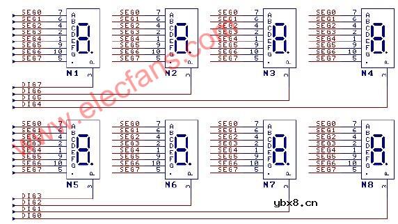 用CH452动态驱动8个共阴数码管电路