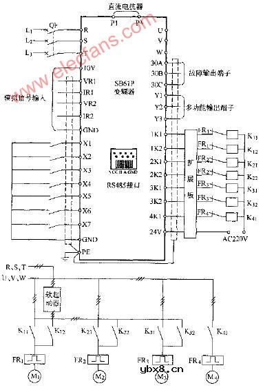 森兰全能王SB60变频器一拖四加软起动器电路图