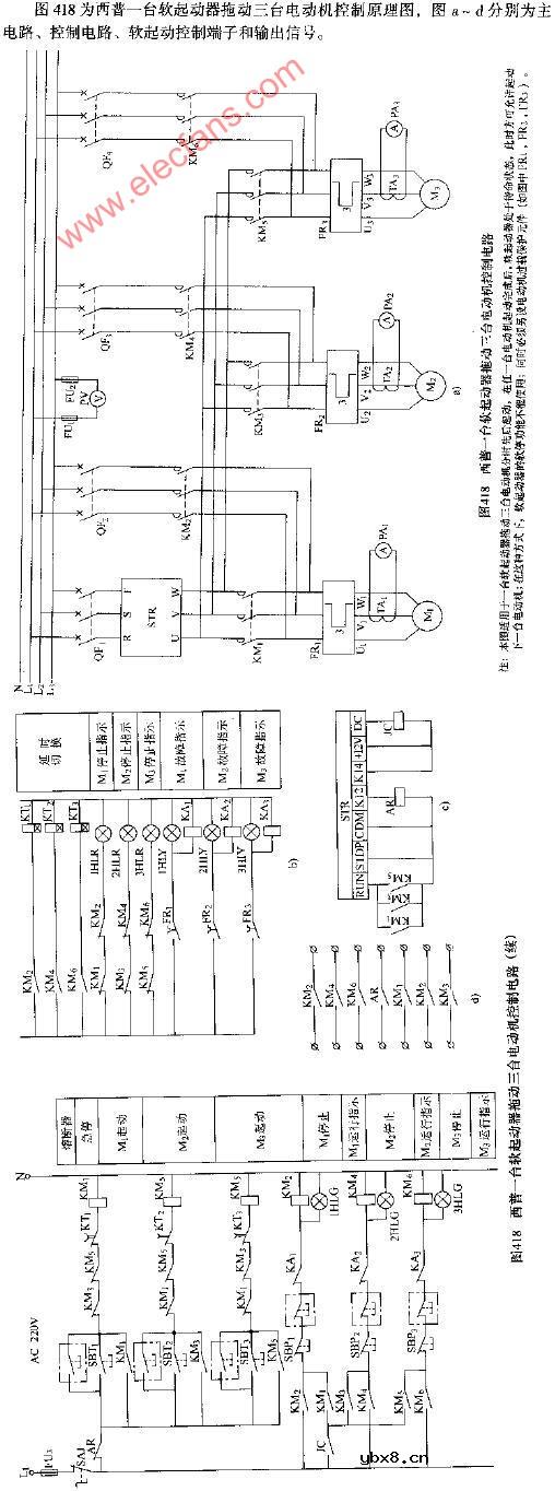 西普一台软起动器拖动三台电动机控制电路图