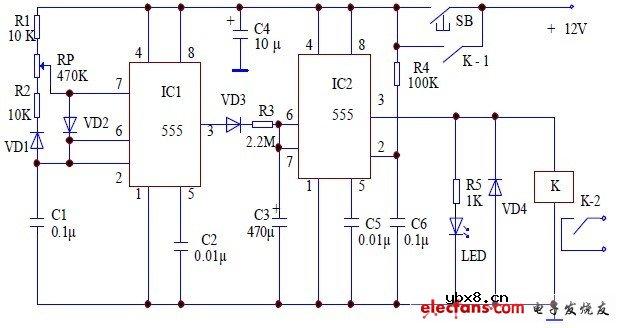 由两个555时基电路构成的长延时电路