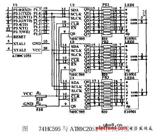 74HC595与AT89C2051单片机接口的显示电路