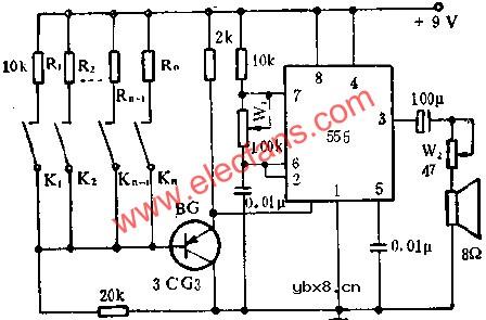 时基集成电路组成简易电子琴线路图