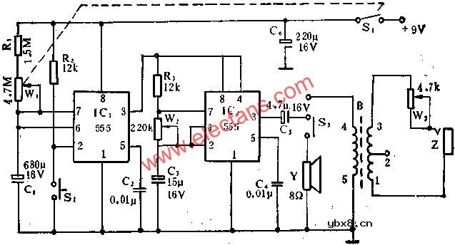 555电路组成袖珍电子定时催眠按摩器电路图