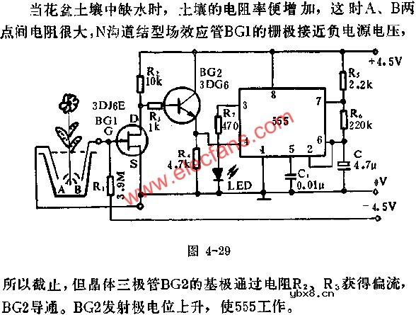 时基集成电路组成盆花缺水指示器电路图