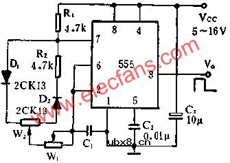 时基集成电路组成占空比连续可调的脉冲发生器电路图