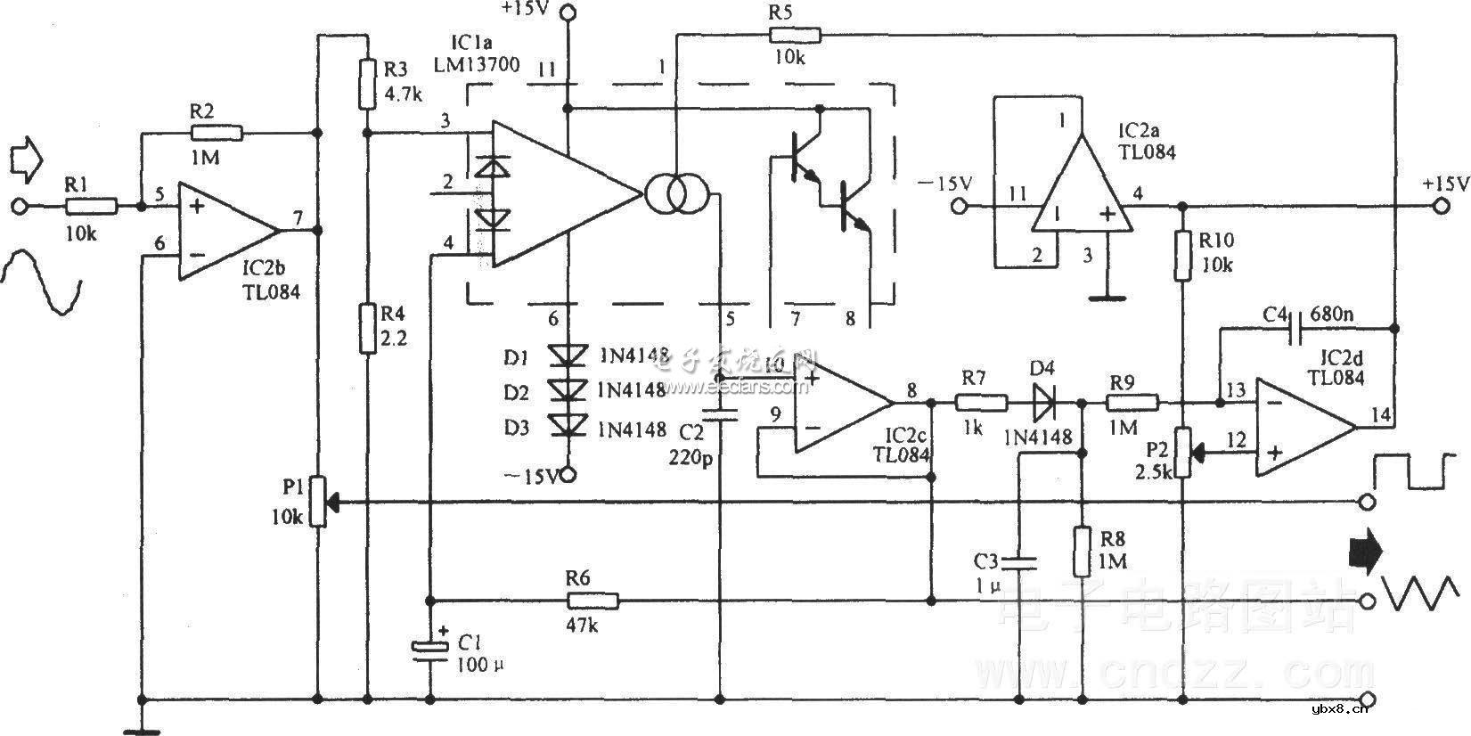 锯齿波转三角波波形转换器电路