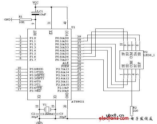 基于C51单片机的I/O并行口直接驱动LED显示电路图
