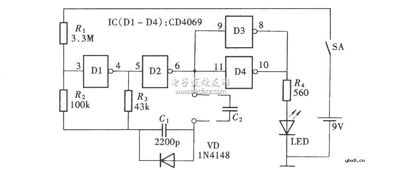 基于CD4069的电容鉴别仪电路