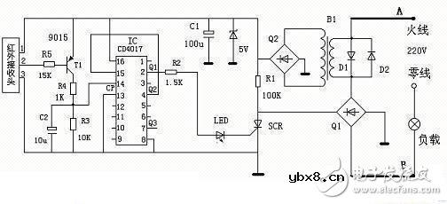 CD4017构成的红外遥控开关电路图