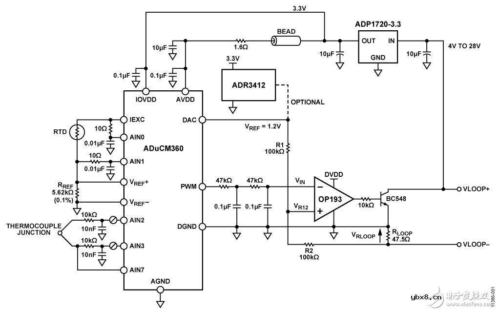 14位4-20mA环路供电型热电偶温度测量系统电路图