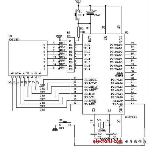 基于单片机的点阵式LED显示简单图形的原理图