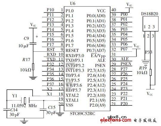 微控制器模块和DS18B20 的连接电路图