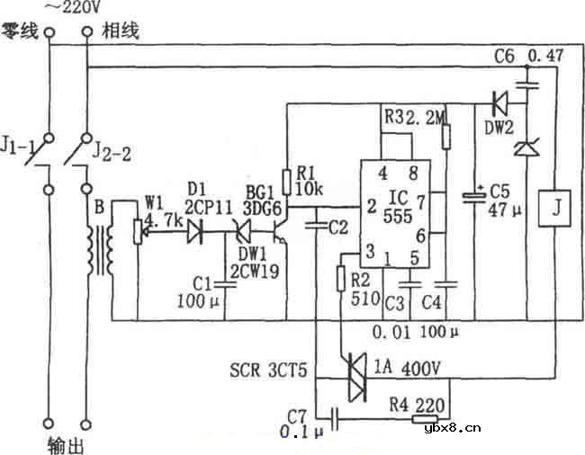 555构成的单相定量供电控制器电路图